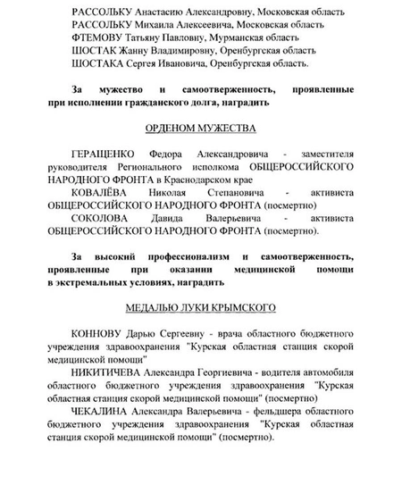 Владимир Путин наградил орденами Мужества погибших в Курской области волонтеров ОНФ